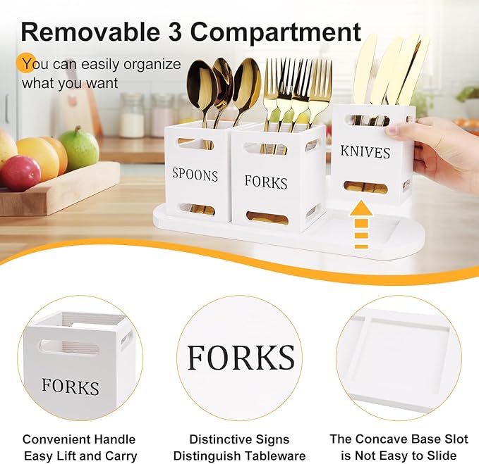 Ayiaren Wooden Flatware Silverware Caddy White Cutlery Holder with Wood Tray Utensils Holder for Kitchen Counter Wood Silverware Organizer for Table Countertop Knife Fork and Spoon Holder for Party-NeatNest