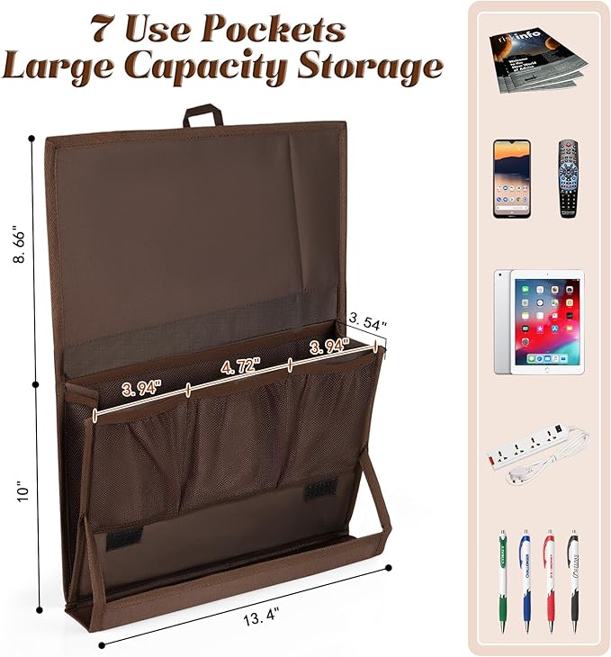Bedside Storage Organizer with Power Strip Holder and Adjustable Straps Bed Hanging Bag for Home Bunk Bed Dorm Sofa (Brown)-NeatNest