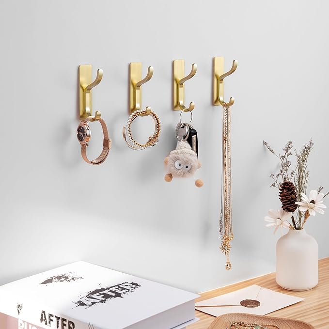 10-Pack Self Adhesive Wall Hooks for Hanging - 13 LB Strong Hold, Sticky Hangers for Coat, Towel, Purse, Keys, Bag - for Wall, Door, Bathroom, Shower, Dorm, Kitchen - Stainless Metal, Gold