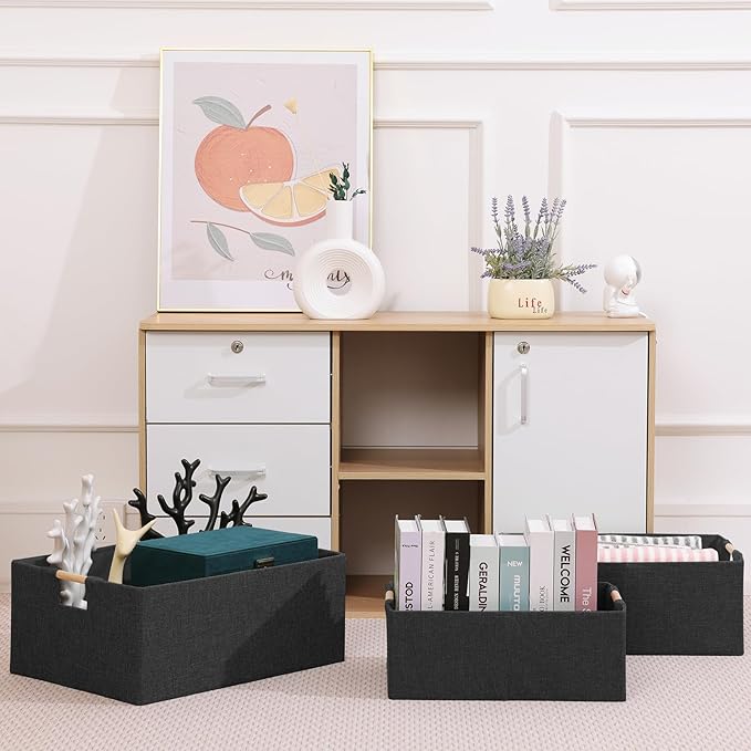ANMINY 2PCS Storage Baskets for Organizing Collapsible Fabric Storage Bins Boxes with Wood Handles Closet Shelves Cube Organizer Bins Clothes Laundry Storage Container - Small, Black-NeatNest
