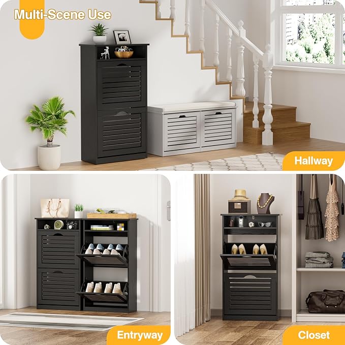 Shoe Storage Cabinet with 2 Flip Drawers & Top Cubby, Shoe Cabinet for Entryway Slim, Free Standing Shoe Rack Cabinet, Narrow Shoe Organizer for Entryway, Hallway, Black-NeatNest