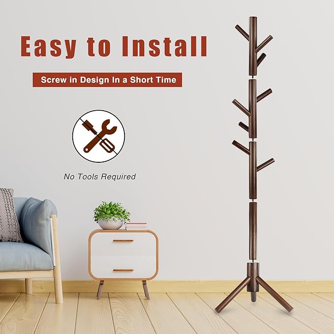 Wooden Coat Rack, Free Standing Coat Rack with 8 Hooks 3 Adjustable Heights for Clothes, Hats, Handbags, Coat Tree Easy Assembly for Entryway, Bedroom, Hallway, Office (New Brown)-NeatNest