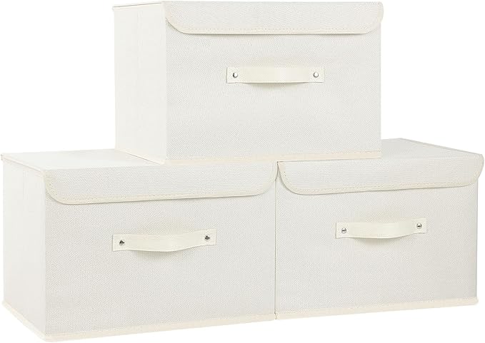 Fabric Storage Bins Cube Organizers with Flip-Top Lid and Handles,Storage Boxes for Organizing Home,Office,and Closet,Beige,3 Pack 15 x 9.8 x 9.8 in-NeatNest