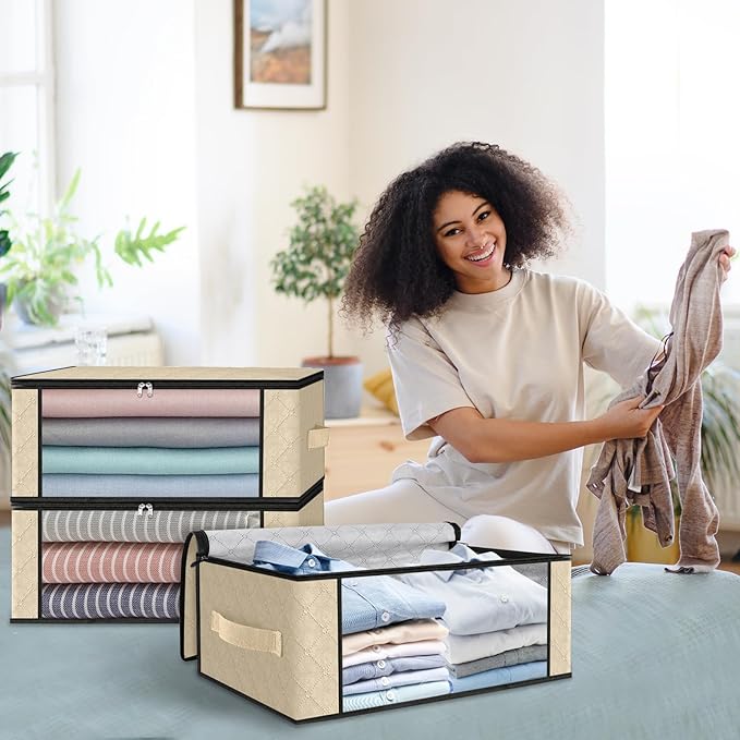 HomeHacks Storage 8-Pack Clothes Organizer Storage Bags Foldable Storage Box with Large Clear Window Sturdy Handles for Closet, Dorm, Pillows, Bedding, Clothes, Blankets, 35L, Beige-NeatNest