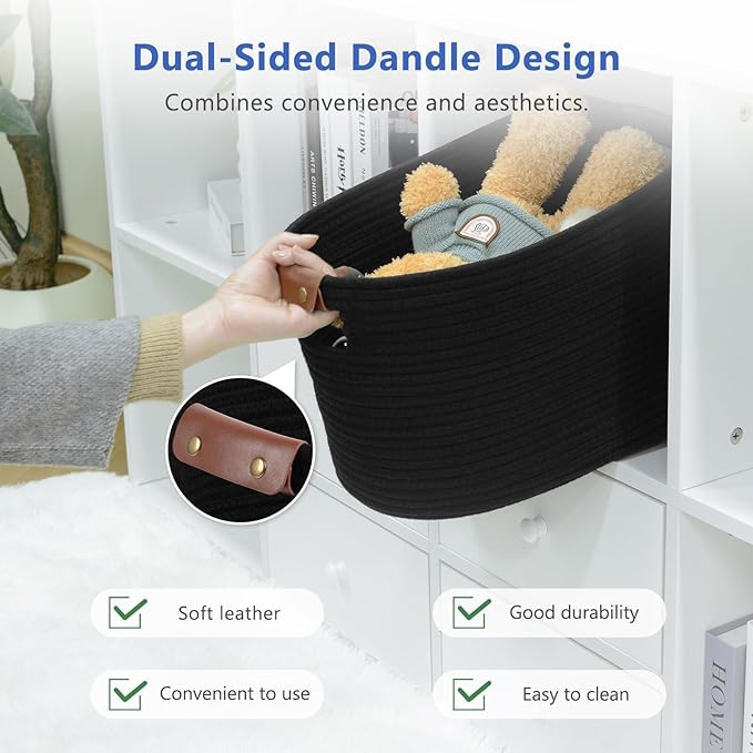 Cotton Rope Basket, Storage Baskets with Handle, 15x10x9 Inch Woven Basket for Shelves, Laundry, Towels, Clothes, Books, Toys (Black 2Pack)-NeatNest