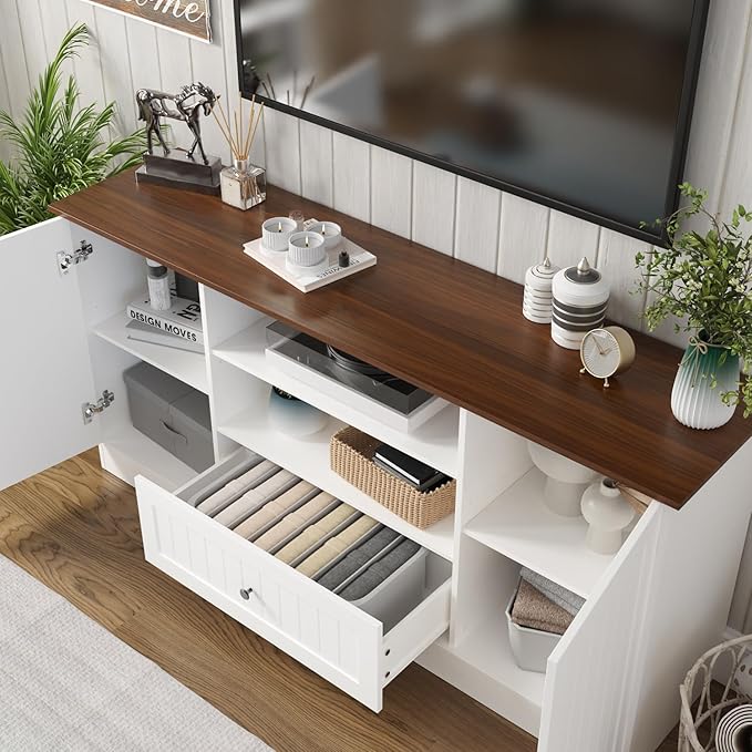 63 in Farmhouse TV Stand for TVs up to 70 Inch, Modern Entertainment Center with Storage Drawer and Open Shelves, Shaker Door TV Console Media Cabinet for Living Room, Bedroom, White-NeatNest