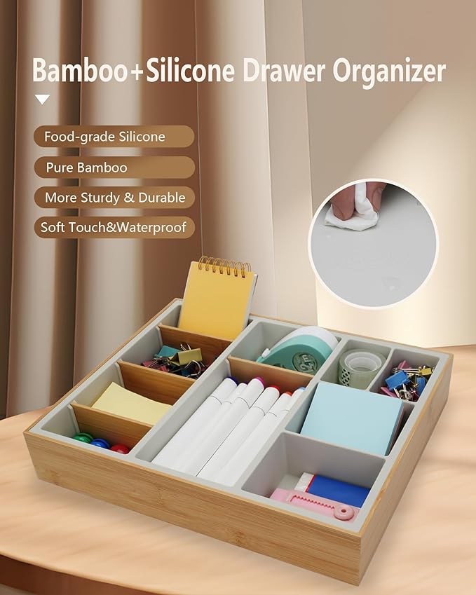 Bamboo Desk Drawer Organizer Tray, Silicone Sturdy Junk Drawer Organizer with 10 Adjustable Compartments, Desk Organizers and Accessories with 4 Removable Dividers for Office Home (White)-NeatNest