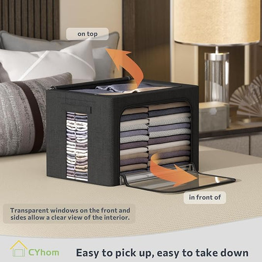 Clothes Storage Bins Box - Linen Fabric Foldable Stackable Container Organizer Set with Clear Window & Carry Handles & Metal Frame (Black, Large-66L)-NeatNest