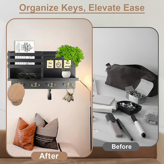 Farmhouse Wall Decor Key Holder with Mail Organizer - Solid Wood Wall Mount Key Rack (8 Hooks) | Self-Adhesive/Drill Install | Entryway Shelf for Keys, Sunglasses & Home Organization (BLACK)