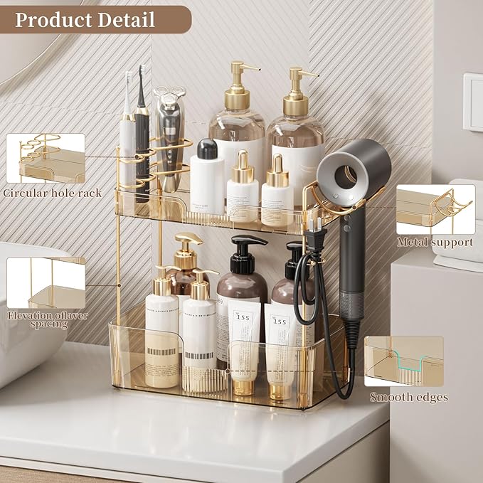 Bathroom Counter Organizer, Large Makeup Organizer Countertop, Shelf Storage, Vanity Tray, Easily Assemble for Bathroom Organizers and Storage, Undersink, Cabinet,2 Tiers Amber-NeatNest