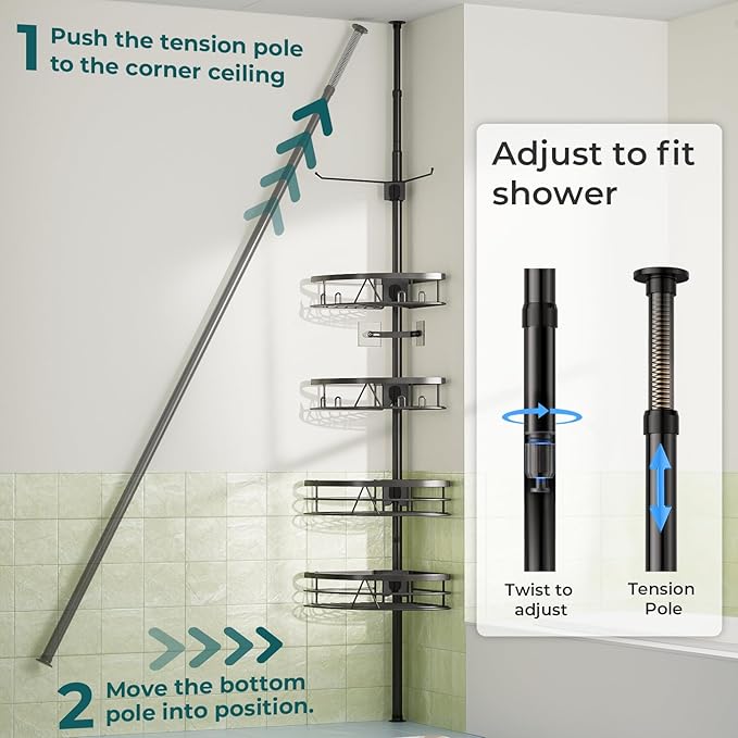 Dicasser Corner Shower Caddy - Tension Pole Rod Organizer, Floor to Ceiling 20-113 inch, Adjustable Towel Rack Waterproof Rustproof, Black