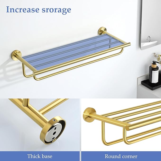 Alise 24 inch Towel Shelf with Double Towel Bars,Towel Rack for Bathroom,SUS 304 Stainless Steel Wall Mount Towel Holder Storage,Brushed Gold,GYT7060-G