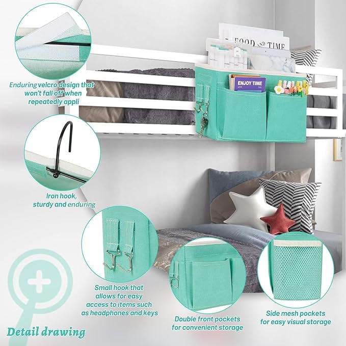 Bedside Caddy Hanging Storage with Water Bottle Holder for Bunk and Hospital Beds, Dorm Rooms (2 Pack Light Green)-NeatNest