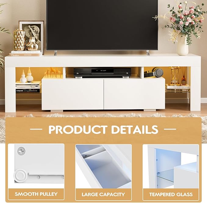JUMMICO TV Stand, Modern Lighting TV Cabinet Entertainment Center Media and Open Shelf, TV Console Table with 1 Drawer and Remote Control, 20 Color LED Lights up to 70 Inch TV (White)-NeatNest