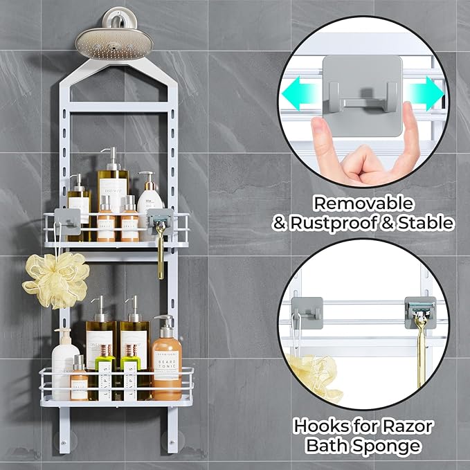 ODesign 2 Tier Height-Adjustable Shower Caddy Hanging Anti-Swing-Over The Shower Head Caddy-Storage Organizer Bathroom Shelves Basket-White