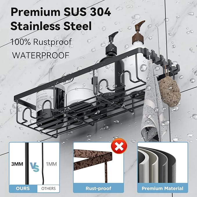 5 Pack Shower Caddy, Adhesive Organizer for Bathroom & Kitchen, Large Capacity Rustproof Stainless Steel Shelves No Drilling