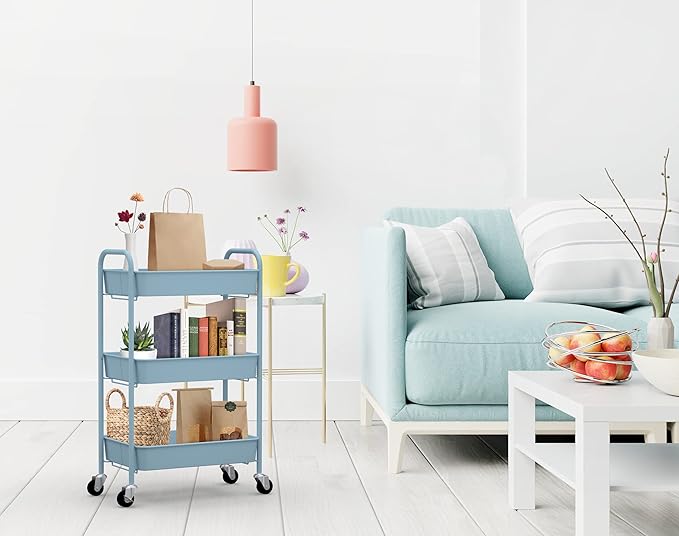 CAXXA 3-Tier Rolling Metal Storage Organizer - Mobile Utility Cart with Caster Wheels, Blue-NeatNest