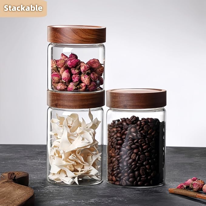 17 Fl oz/500 ml Glass Food Storage Jar, Premium Clear Glass Container Jar with Airtight Wooden Screw Lid, Kitchen Canisters for Coffee,Tea,Pasta,Cookies, Nuts,Spice,Candy,Overnight Oatmeal(Small)