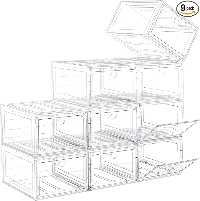 9 Pack Shoe Organizer, Upgrade Harder Solid Plastic Shoe Storage, Shoe Boxes Clear Plastic Stackable, Sneaker Storage, Shoe Organizer for Closet, Shoe Display Case, White-NeatNest