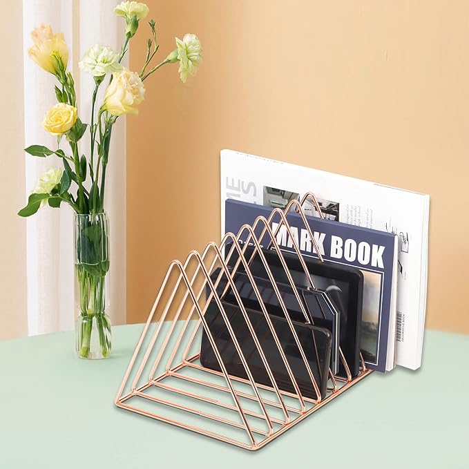 EASEPRES Rose Gold Magazine Holder, Desktop File Sorter Organizer Triangle 9 Slot Newspaper Record Storage Shelf Rack for Home Office Decoration