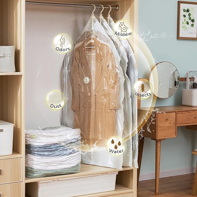 TAILI 6 Pack Vacuum Storage Bags, Combo Vacuum Seal Bags for Clothing (3 Long Hanging+3 Jumbo Cube), Space Saver for Clothes, Beddings, Blanket, Closet Organization and Storage, Cream