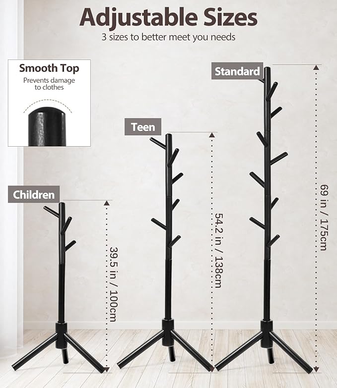 Beech Wood Coat Rack Stand with 9 Hooks, 3 Height Adjustable, simple Freestanding Solid Wooden Coat Tree Hanger for Clothes, Hats, Scarves, bags, Jackets, Bedroom, livingromm, Office (Black)-NeatNest