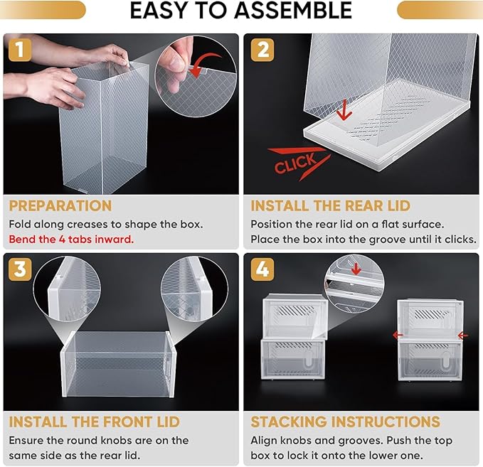 BALEINE 3 Pack Stackable Shoe Storage Boxes Fit Size 11, Thickened Clear Shoe Box Bins with Lids, Plastic Foldable Shoe Rack Organizer Sneaker Storage Containers (X-Large, White)