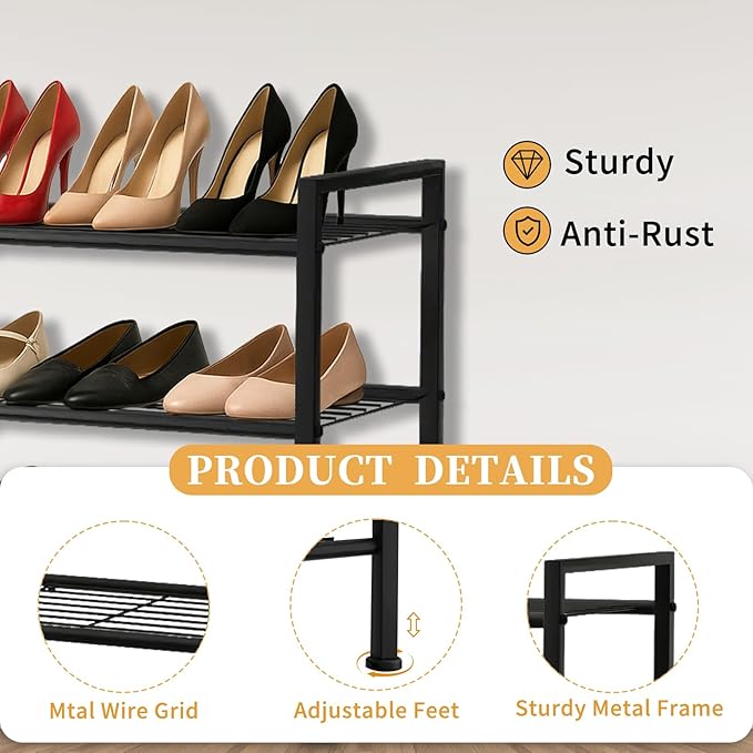 Simple 3 Tier Shoe Rack,Metal Stackable Shoe Storage Organizer for Closet,Entryway, Bedroom, Black (Black, 3-Tier)-NeatNest