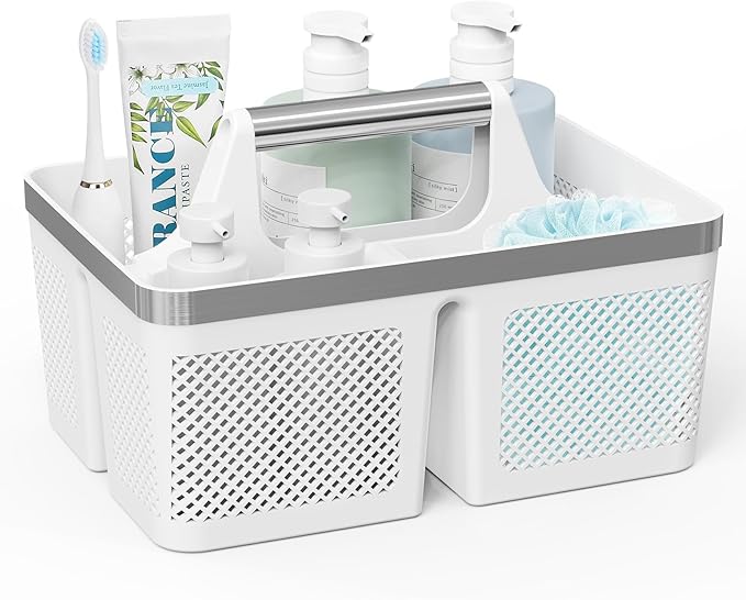 Plastic Shower Caddy Dorm: Portable Bathroom Caddy Organizer with Handle and Holes, Cleaning Basket, Hard Shower Basket Storage Tote for Toiletry, College Dorm Room Essentials White/Silver