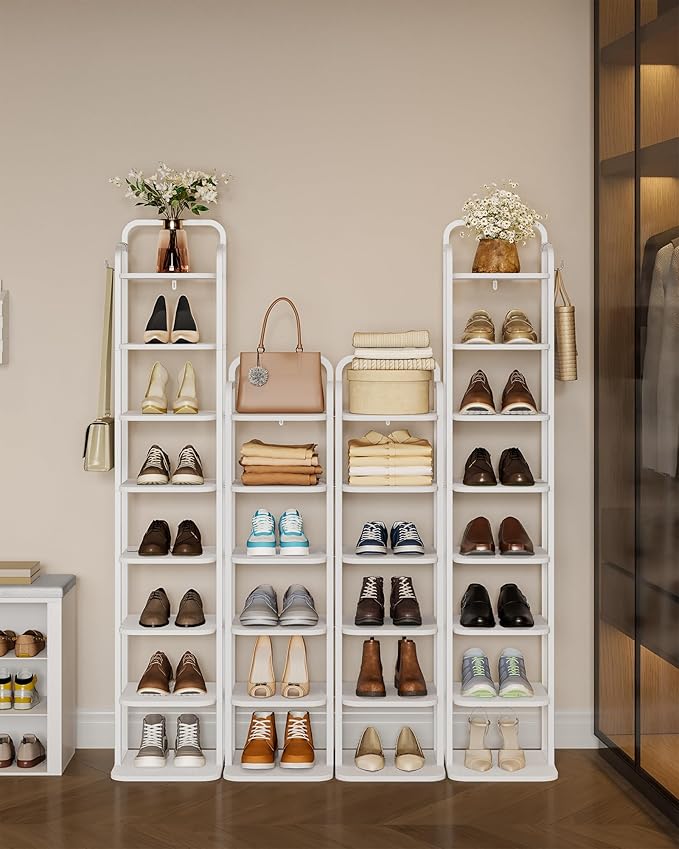 6 Tiers Vertical Shoe Rack, Narrow Shoe Tower, Tall Shoes Shelf with 2 Hooks, Adjustable Shelves, Corner Shoes Shelves for Small Spaces, Entryway, Living Room, White SR04213W-NeatNest
