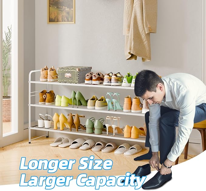 3 Tier Shoe Rack for Closet, 46.5 Inch Extra Long Shoe Storage Organizer for Shelves, Heavy Duty Metal, Easy Assembly, White-NeatNest