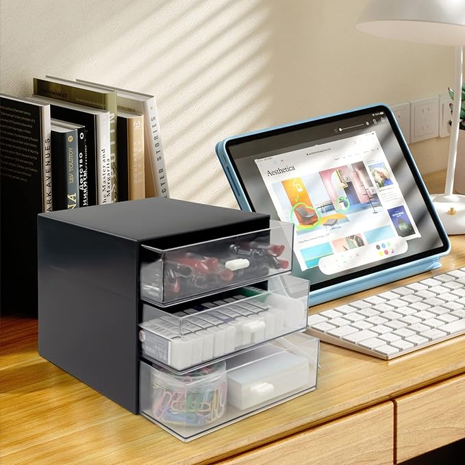 Desk Organizer with Drawer, Desk Storage Box, Plastic Office Stationery Supplies Organizers, Desktop Organizer for Office School Home (3 drawer, Black)-NeatNest