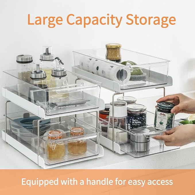 vacane 13" Clear Pull-Out Organizer with Adjustable Dividers - 2-Tier Bathroom & Kitchen Storage Bins for Vanity, Under Sink Cabinets, Pantry