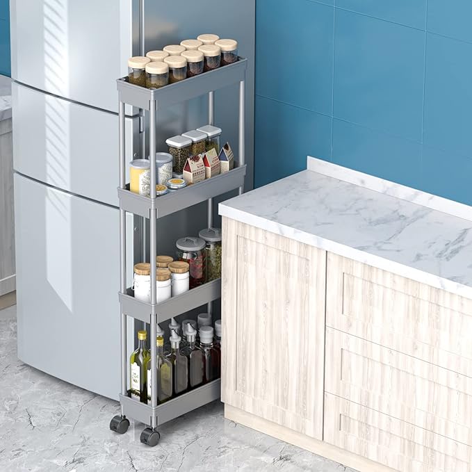 Sooyee 4 Tier Slim Storage Cart,Rolling Storage Cart,Narrow Shelf,Bathroom Rack,Mobile Shelving Unit Organizer for Kitchen, Bathroom, Laundry Room, Grey