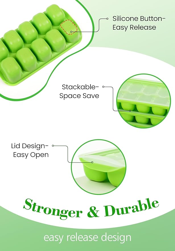 DOQAUS Ice Cube Tray with Lid and Bin, 4 Pack Easy Pop Out Silicone Ices Cubes Trays for Freezer with Cover, Stackable Compact Ice Bucket Kits, for Soup, Food, Cocktail, Coffee-NeatNest