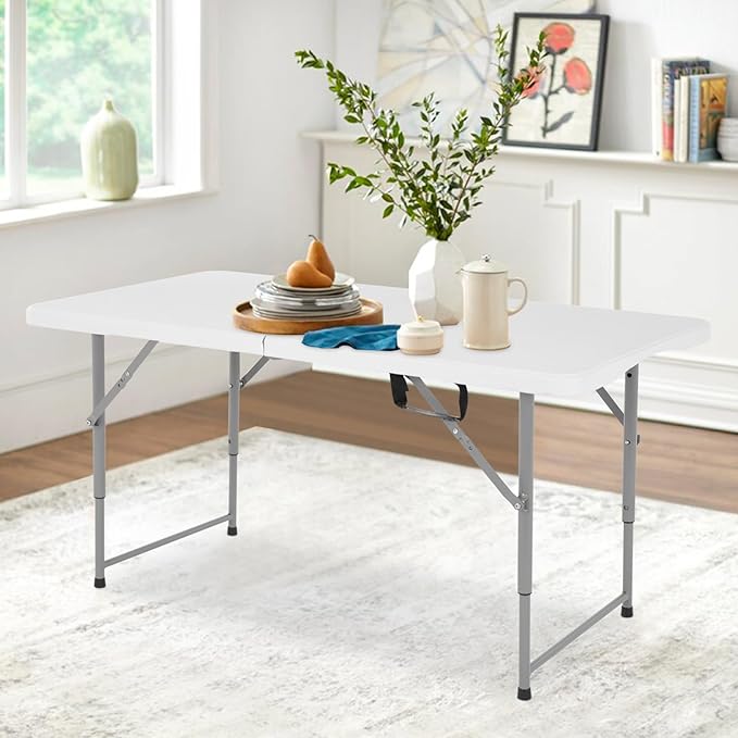 Folding Table, 4 FT Heavy Duty Plastic Foldable Table with Carrying Handle, Adjustable Height Portable Party Tables for Garden Party Picnic Camping BBQ Dining Kitchen Wedding Market Events-NeatNest