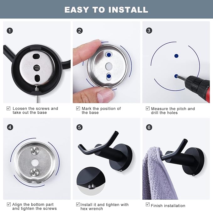 ARCORA Black Towel Hooks, SUS 304 Stainless Steel Wall Hooks, Heavy Duty Robe Hooks 1 Pack, Towel Hooks for Bathroom Wall Mounted