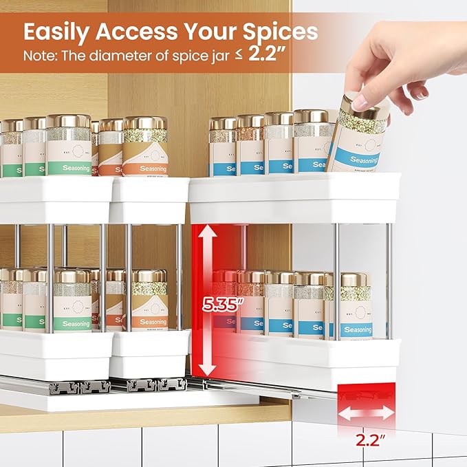 3 Packs Pull Out Spice Rack Organizer for Cabinet, Vertical Spice Rack Pull Out, Heavy Duty Slide Out Seasoning Organizer, 2.3''Wx10.35''Dx8.26''H, 3 Drawers 2 Tiers(White)