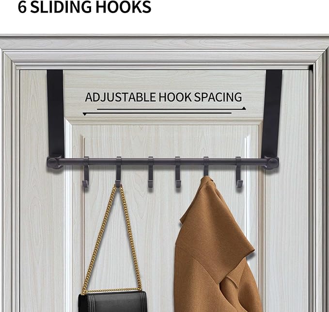 Over The Door Hooks Door Hanger, Moving 6-Hooks Over Door Coat Rack for Hanging, Aluminum Heavy Duty Door Organizer for Towel Robe Hat Bag, Behind Back of Door Bathroom (Black)