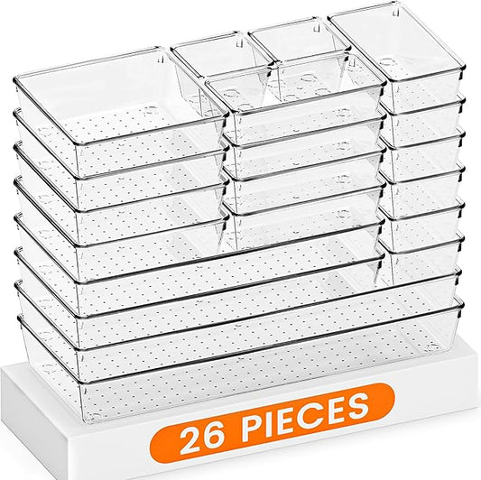 Criusia Drawer Organizer, 26 Pack Clear Plastic Drawer Organizer Bins, Versatile Organization and Storage Trays for Kitchen, Bathroom, Vanity Makeup and Office-NeatNest