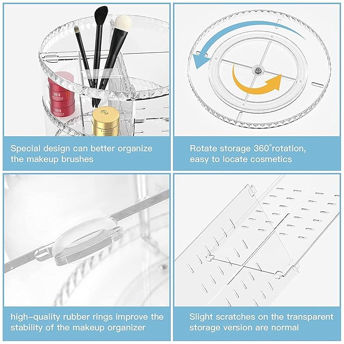 360 Degree Rotating Makeup Organizer,Large Capacity Make up Caddy Shelf,Acrylic Perfume Storage, Adjustable Skin Care Organisers for Dresser Tabletop and Bathroom, Clear (Diamond)