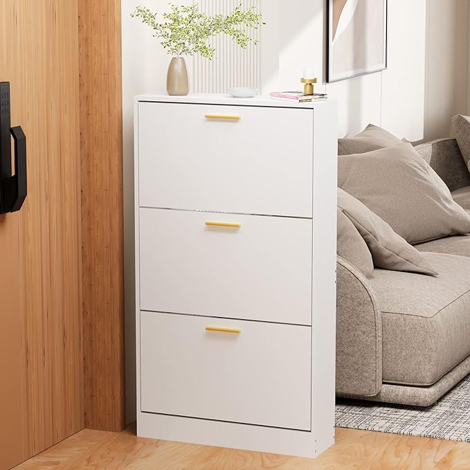 JOZZBY Shoe Cabinet Storage with 3 Flip Drawers for Entryway, White Slim Freestanding Modern Narrow Shoe Organizer Rack Cabinet for Hallway, Living Room, Set of 2-NeatNest