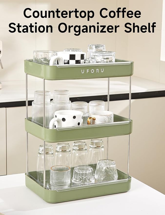 Countertop Coffee Station Organizer | 3-Tier Whisky Glass Tray, Mug Drying Shelf with Removable Drain Tray - Easy to Install, Clean - Spice Rack for Kitchen, Bathroom Counter Organzier-NeatNest