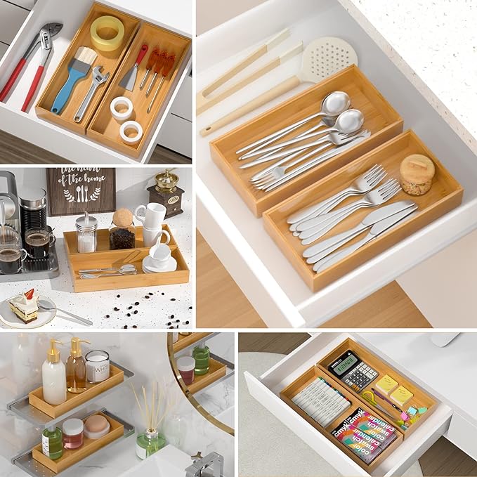 Bamboo Drawer Organizer, Stackable Utensil Organizer for Kitchen, Bamboo Storage Box Wood Silverware Tray for Drawer 15" x 6" x 2" Set of 2-NeatNest