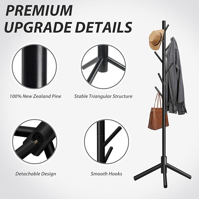 Durable Wooden Coat Rack, Freestanding Coat Rack with Stable Triangular Base, 8 Hooks & 3 Adjustable Heights, Simple Assembly for Bedroom, Hallway, Office(New Black)-NeatNest