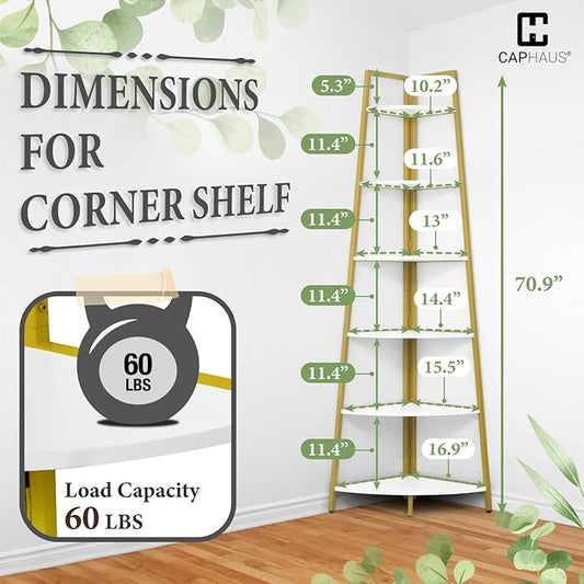 CAPHAUS Tall Corner Shelf Stand, 6-Tier Display Shelves, Ladder Corner Wood Storage Plant Bookshelf with Metal Frame, Versatile Shelving Unit Bookcase for Home Office Space, Gold-NeatNest