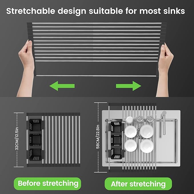 Black Expandable Roll Up Dish Drying Rack Up to 22.8''with 2 Storage Baskets,Over The Sink Kitchen Rolling up Dish Drainer Drying Rack , Foldable,Rollable,for Kitchen Dishes(Expandable Width Size)