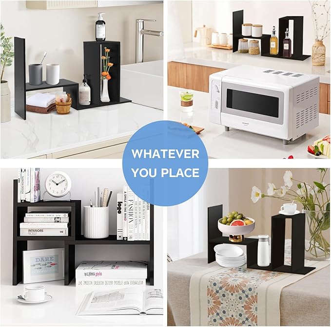 Black Desk Organizer Shelf Wooden Desktop Bookshelf Adjustable Desktop Organizer Shelves Small Book Shelf for Office Desk Supplies Home Storage Natural Stand Decor (Black, Style2)-NeatNest