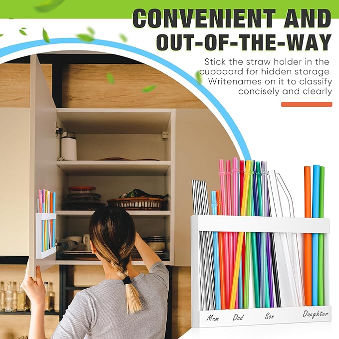 Acrylic Straw Holder for Cabinet Door with Double Sided Adhesive Tape Reusable Straw Organizer Tumbler Storage Kitchen Accessories Container for Counter Cupboard(Classic,Large,White)
