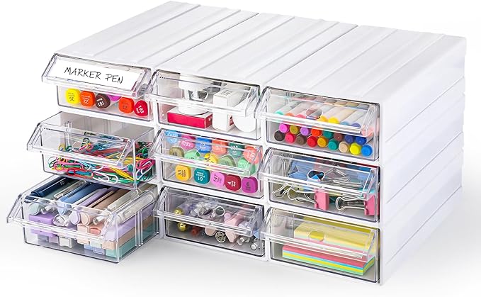9 Pcs Stacking Office Drawer Organizers - Desktop & Wall Mounted 9 Drawer Storage Closet with 18pcs Clear Dividers Multifunctional Organizer Rack with 9pcs Tag Card for Home Small Items-NeatNest